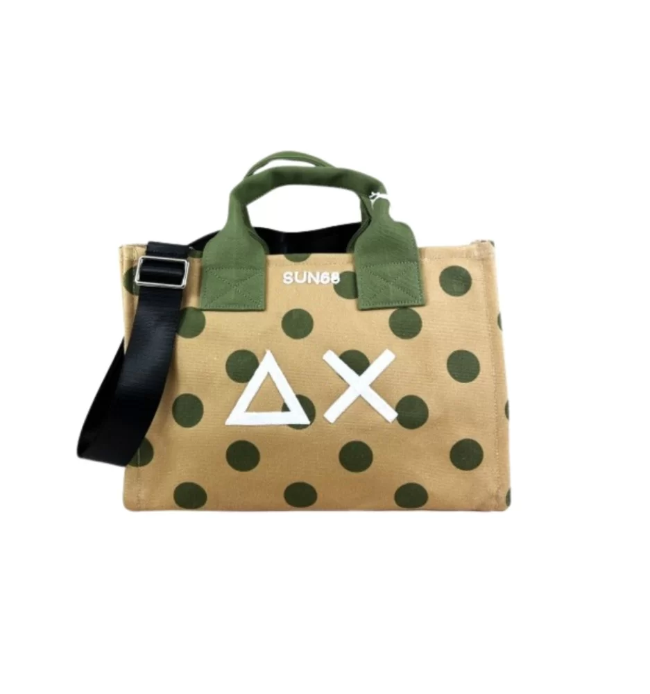 Sun68 Borsa Canvas Printed Bag Punti Beige E Verde X35226 1637