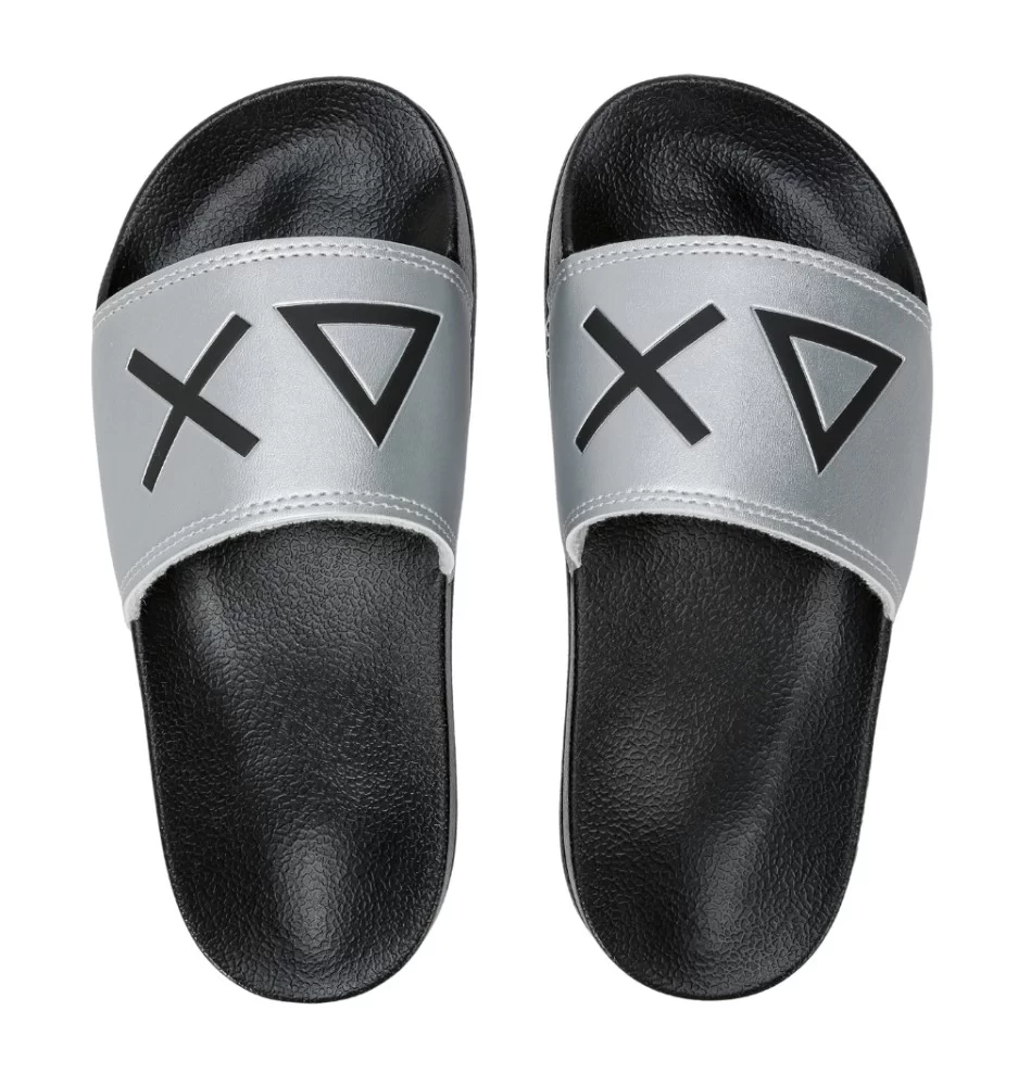 Sun68 Ciabatte Boy's Slippers Logo Argento E Nero X35302 1144